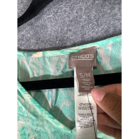 Chico's Blouse Women S/M Green V Neck‎ Paula Poncho Mature Semi Sheer Artsy - Picture 2 of 8